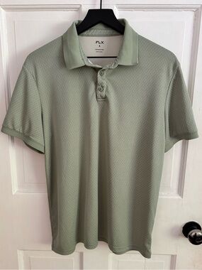 FLX Men’s Commuter Polo Shirt Sage Green Geometric Pattern Large